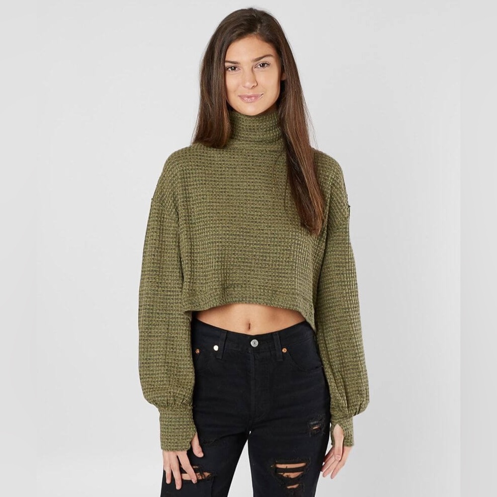Free People BK Top Waffleknit Turtleneck Army Green Size Small